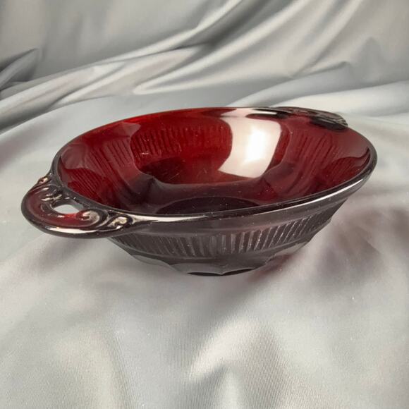 Vintage Ruby Red Pressed Glass Bowl with Handles Mid Century Dish 6" - Picture 5 of 5